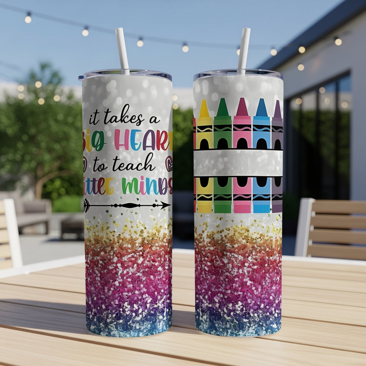 Glitter tumbler with "it takes a big heart to teach little minds" text and crayon design.