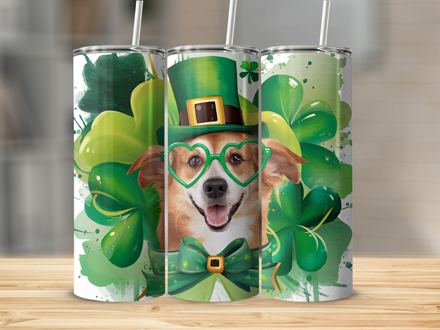 Corgi wearing St. Patrick's Day hat and glasses, surrounded by shamrocks.