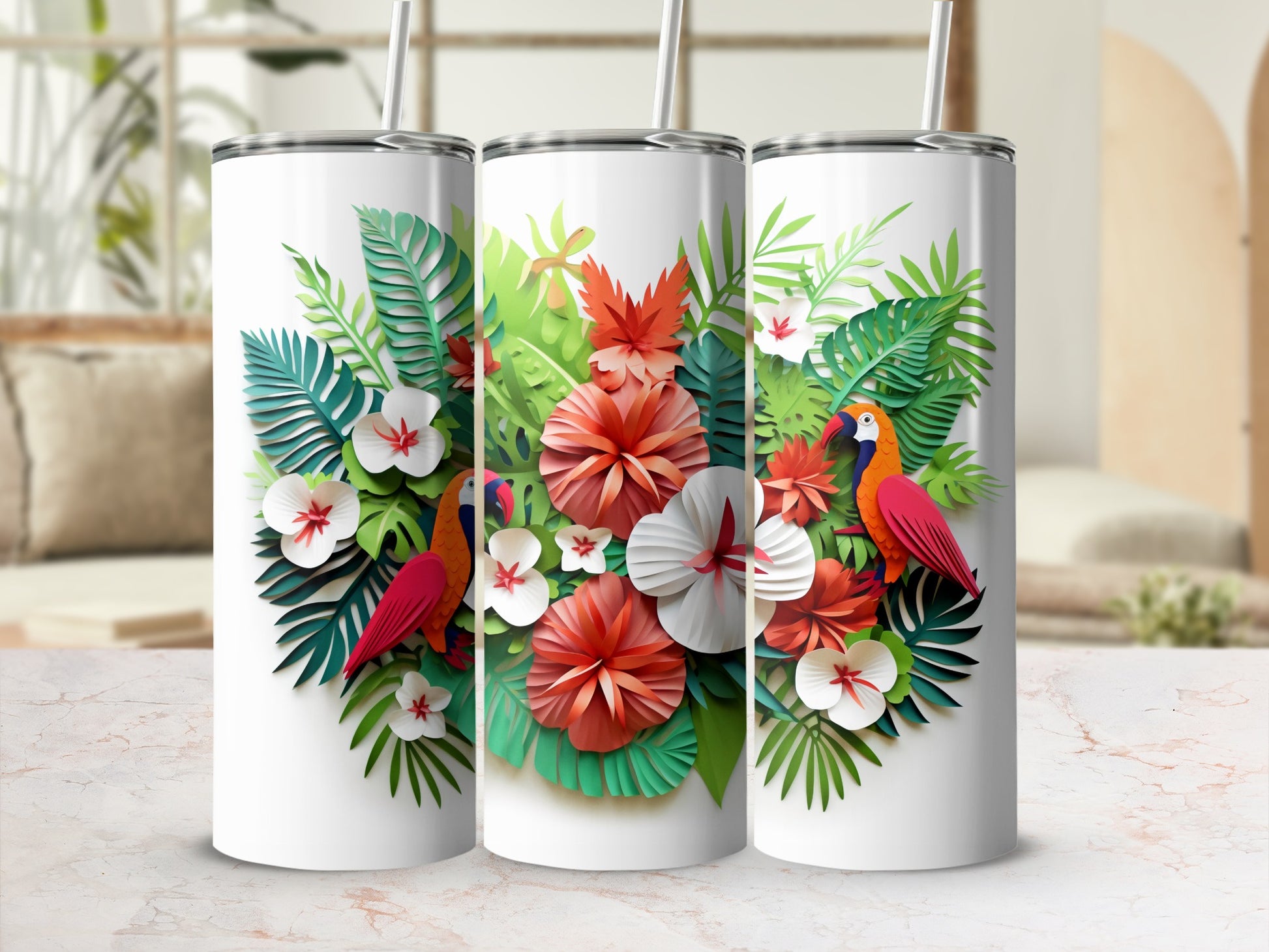 Tropical Floral and Parrot Design Tumbler Cups
