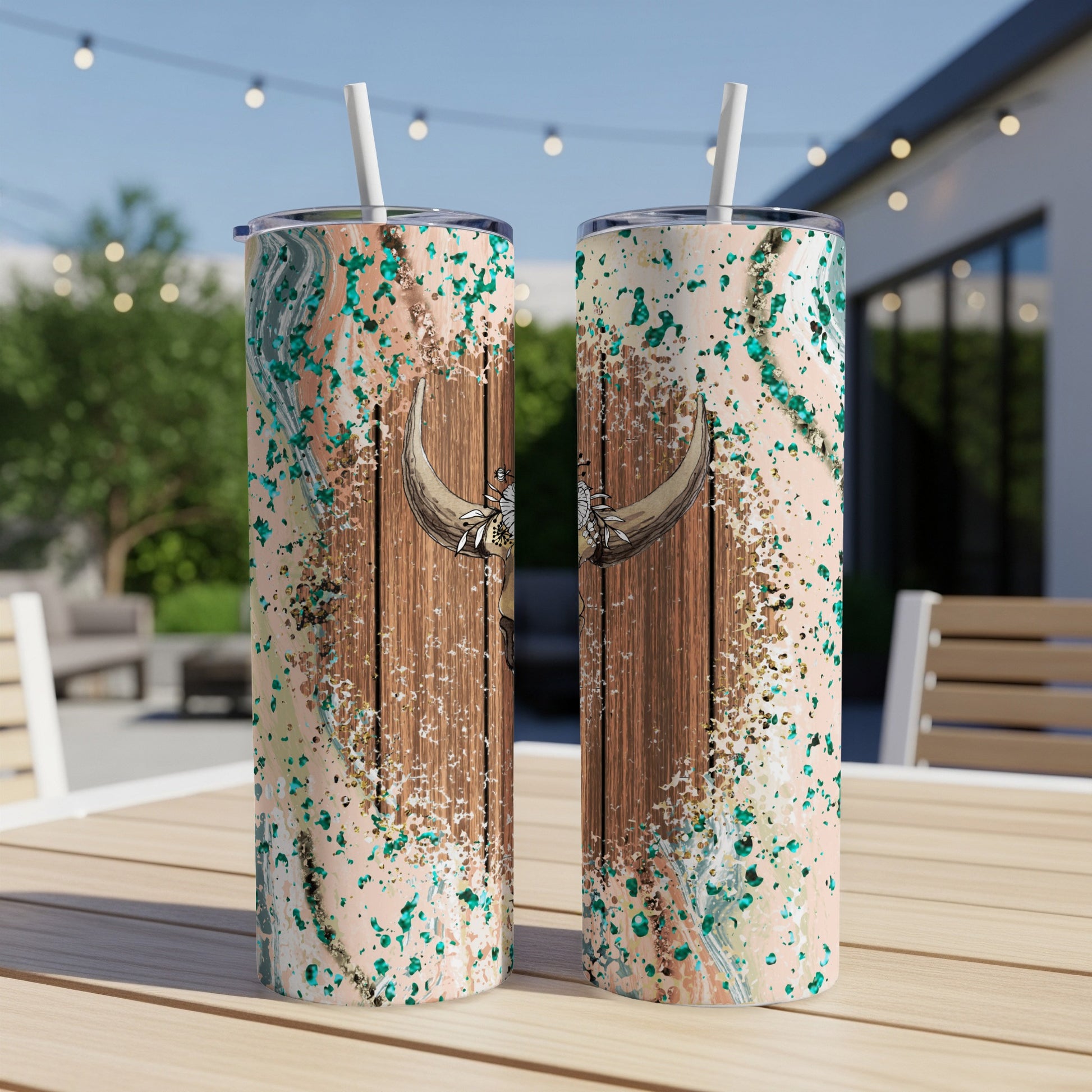 Two tumblers with wood grain and abstract teal and gold splatter design.