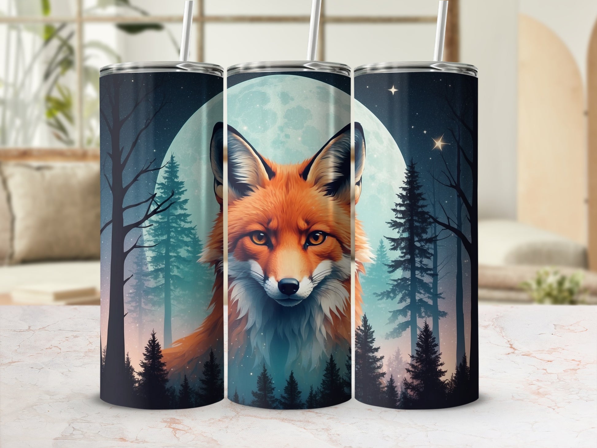 Fox illustration on a tumbler with a full moon and forest background.