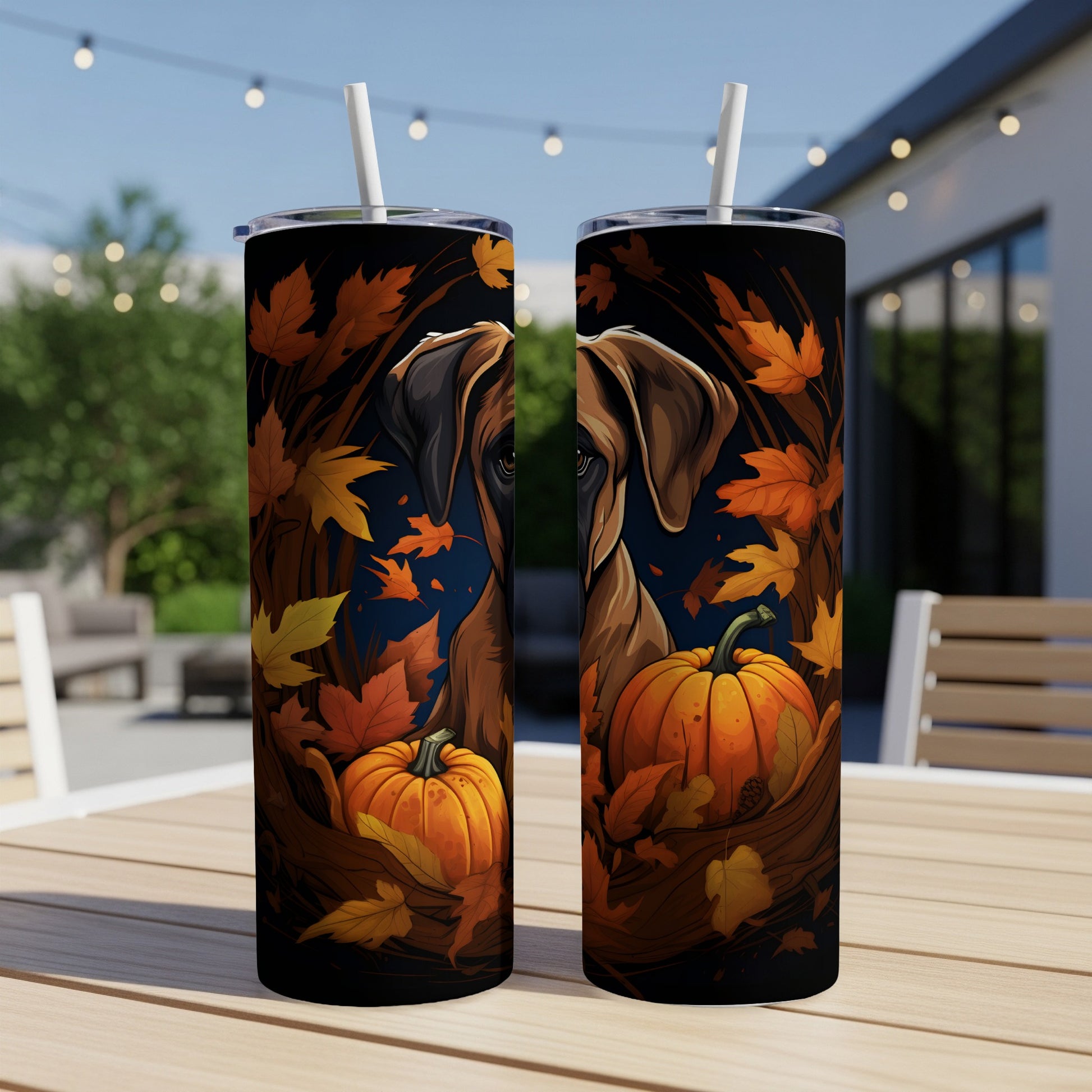 Two tumblers with a Great Dane dog, pumpkins, and fall leaves design.