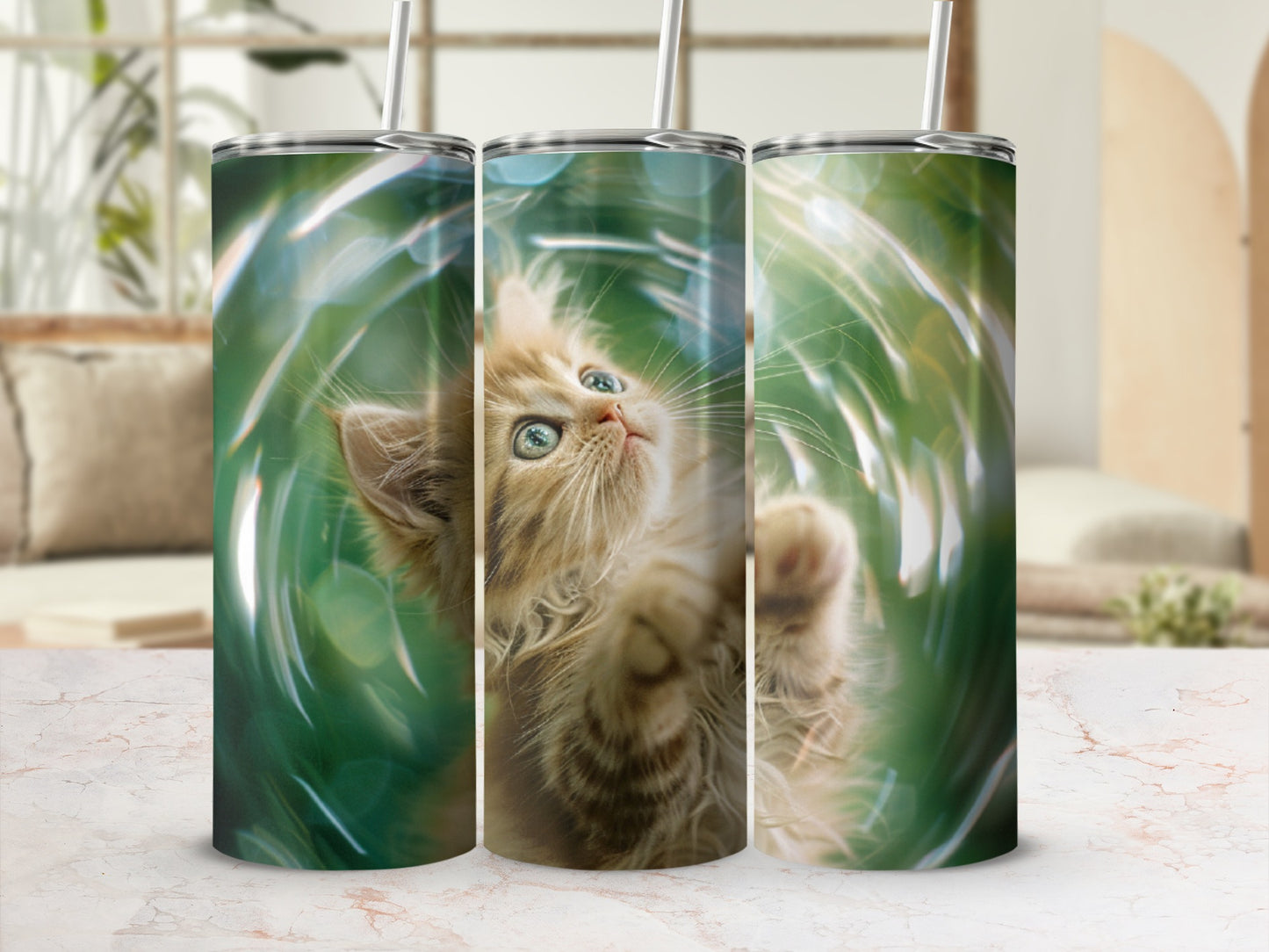 Three tumblers featuring a fluffy orange kitten reaching up among soft green bokeh.