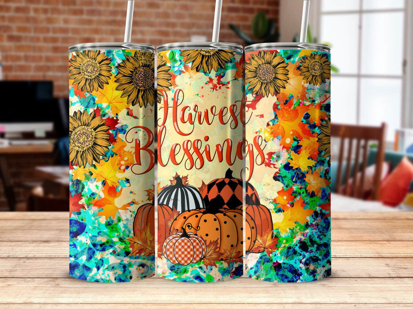 Autumnal harvest blessings tumbler with sunflowers, pumpkins, and colorful leaves.