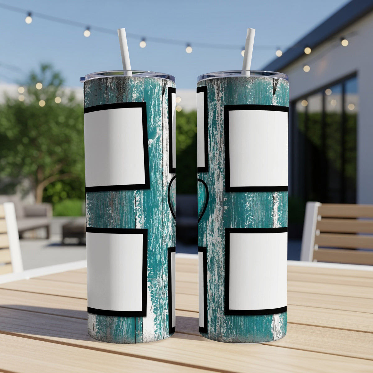 Two tumblers with a distressed teal wood pattern and blank white photo frames.