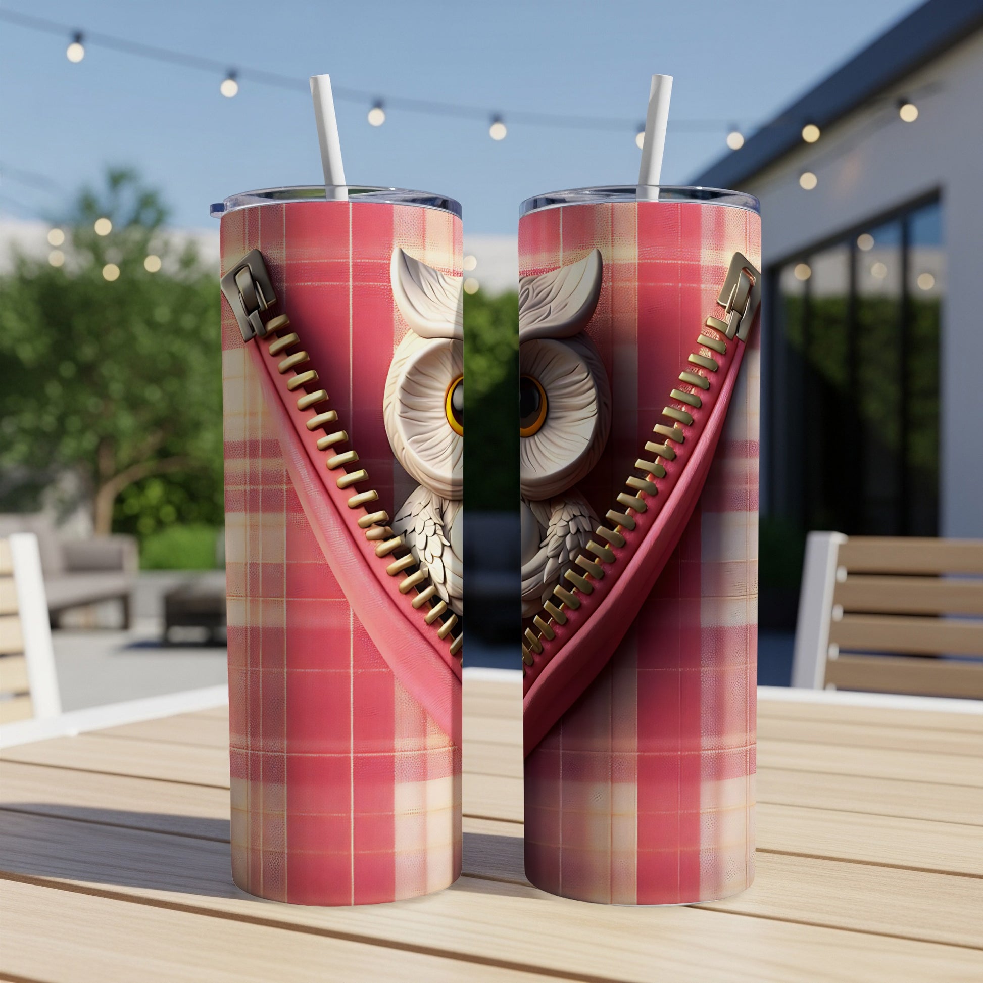Two tumblers with a plaid design and a zipper revealing an owl graphic.