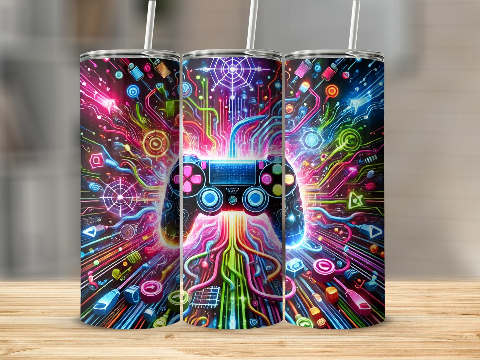 Gaming controller with colorful wires and circuit board patterns.