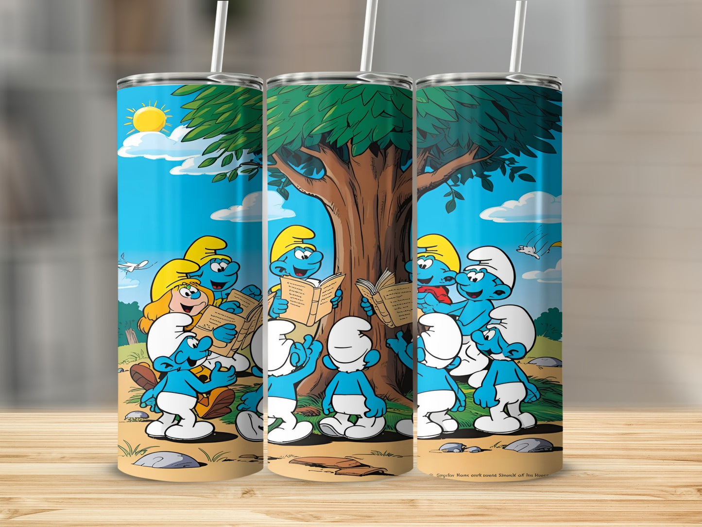 Smurfs reading books under a tree on a sunny day.