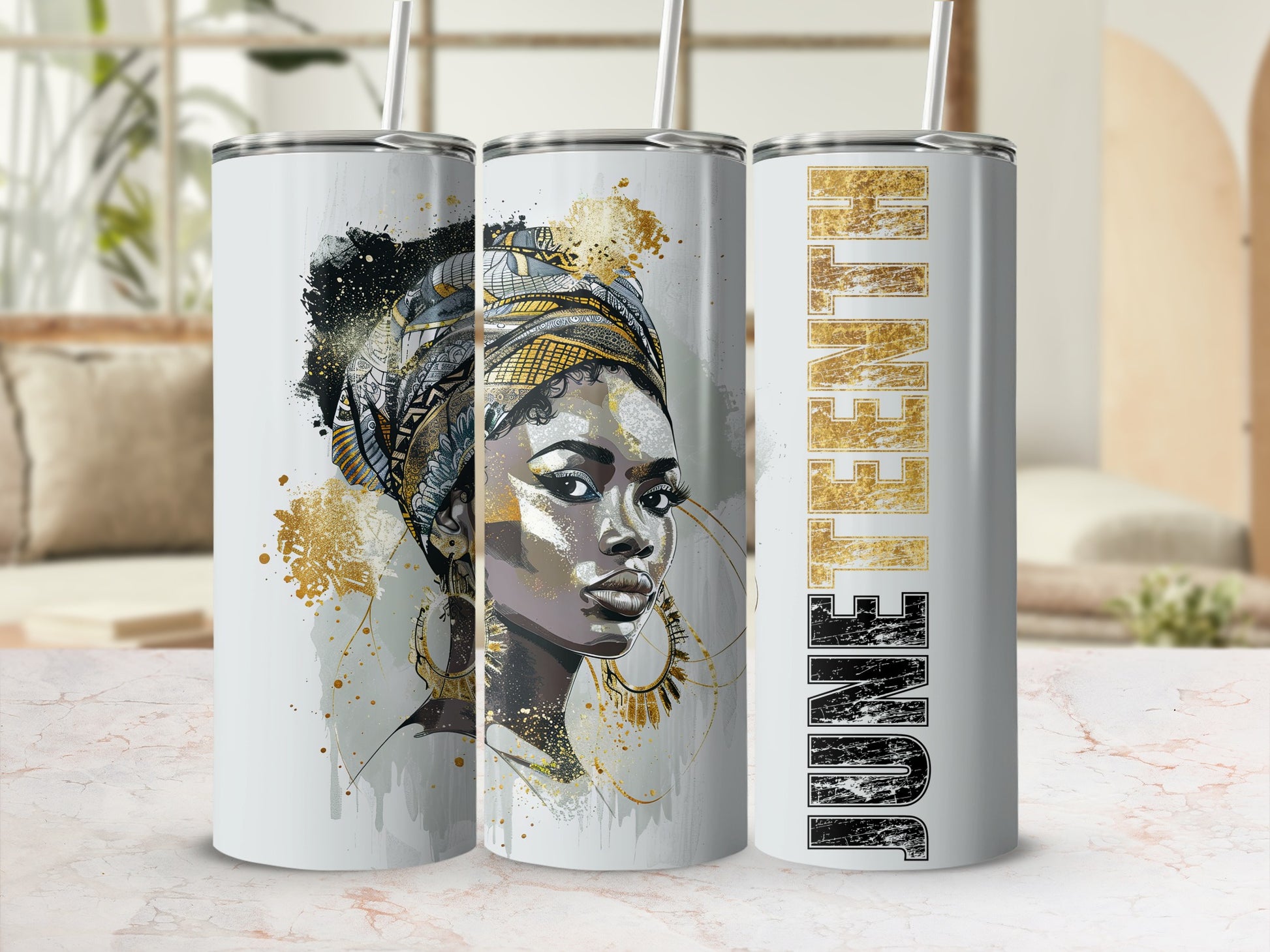 Juneteenth tumbler with a woman wearing a headwrap and gold jewelry.