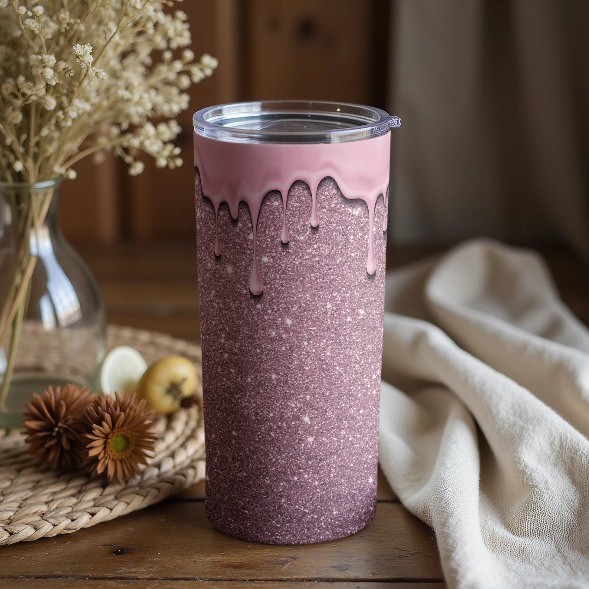 Sparkling Pink and Glittery Tumbler with Unique Drips