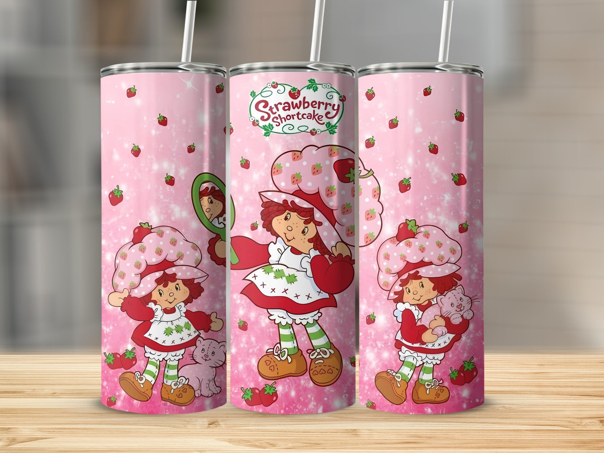 Strawberry Shortcake character holding a mirror and a cat on a pink background.