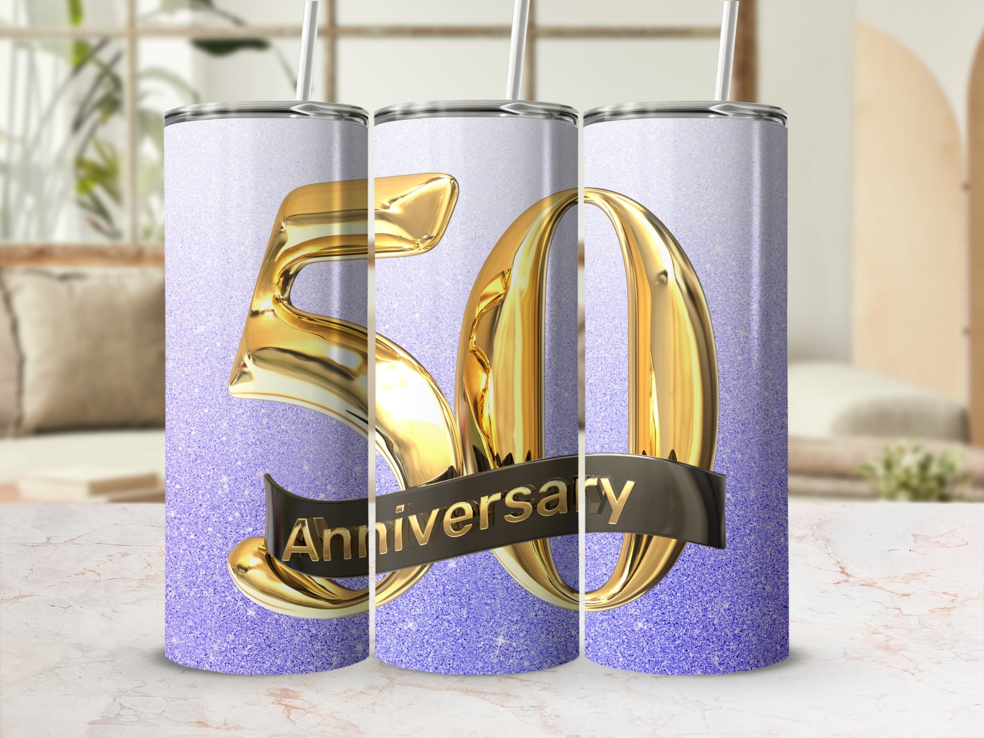 Gold "50 Anniversary" text on a sparkly purple tumbler.