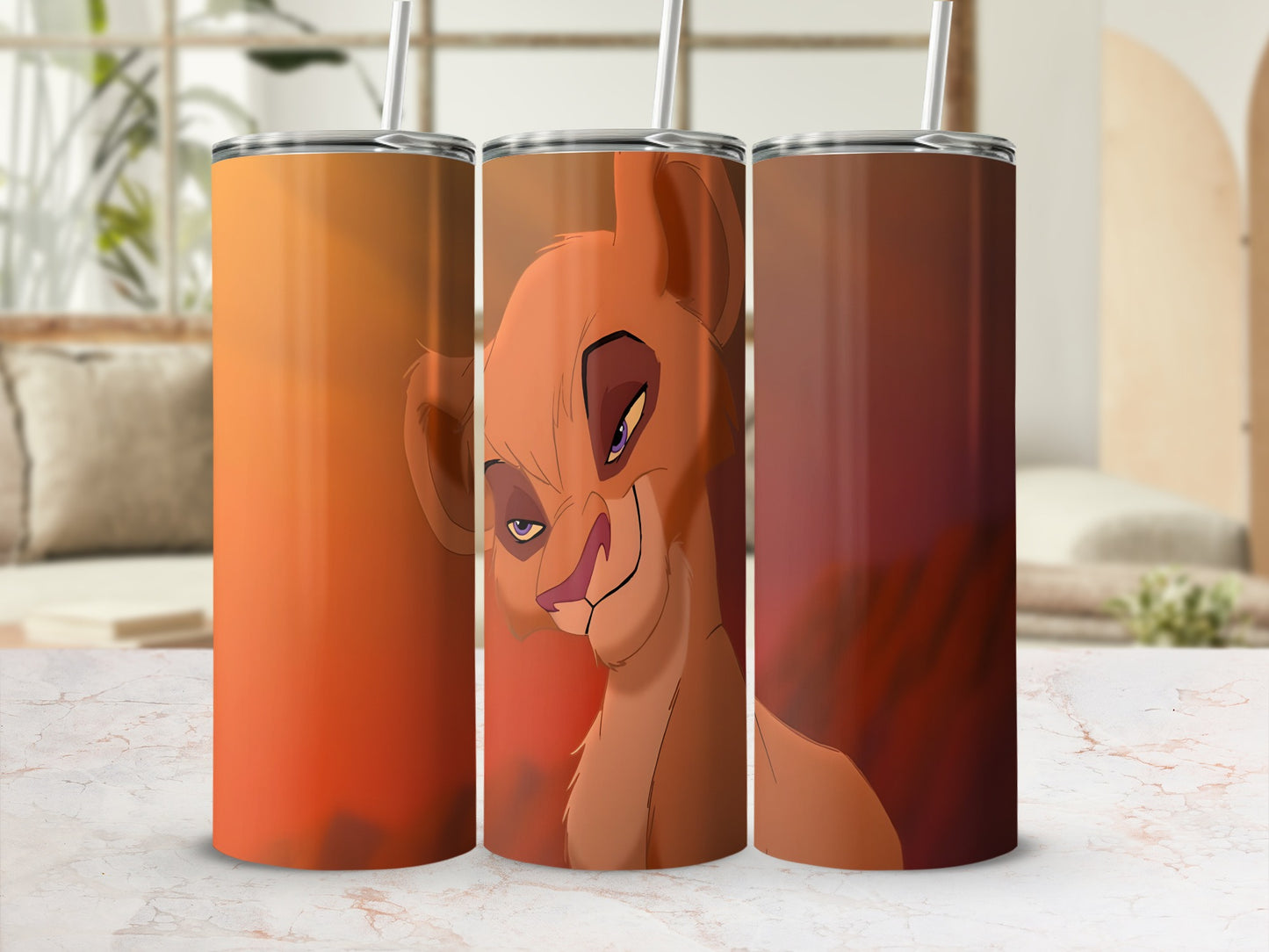 Nala as Kiara from The Lion King 2, on a gradient orange tumbler.