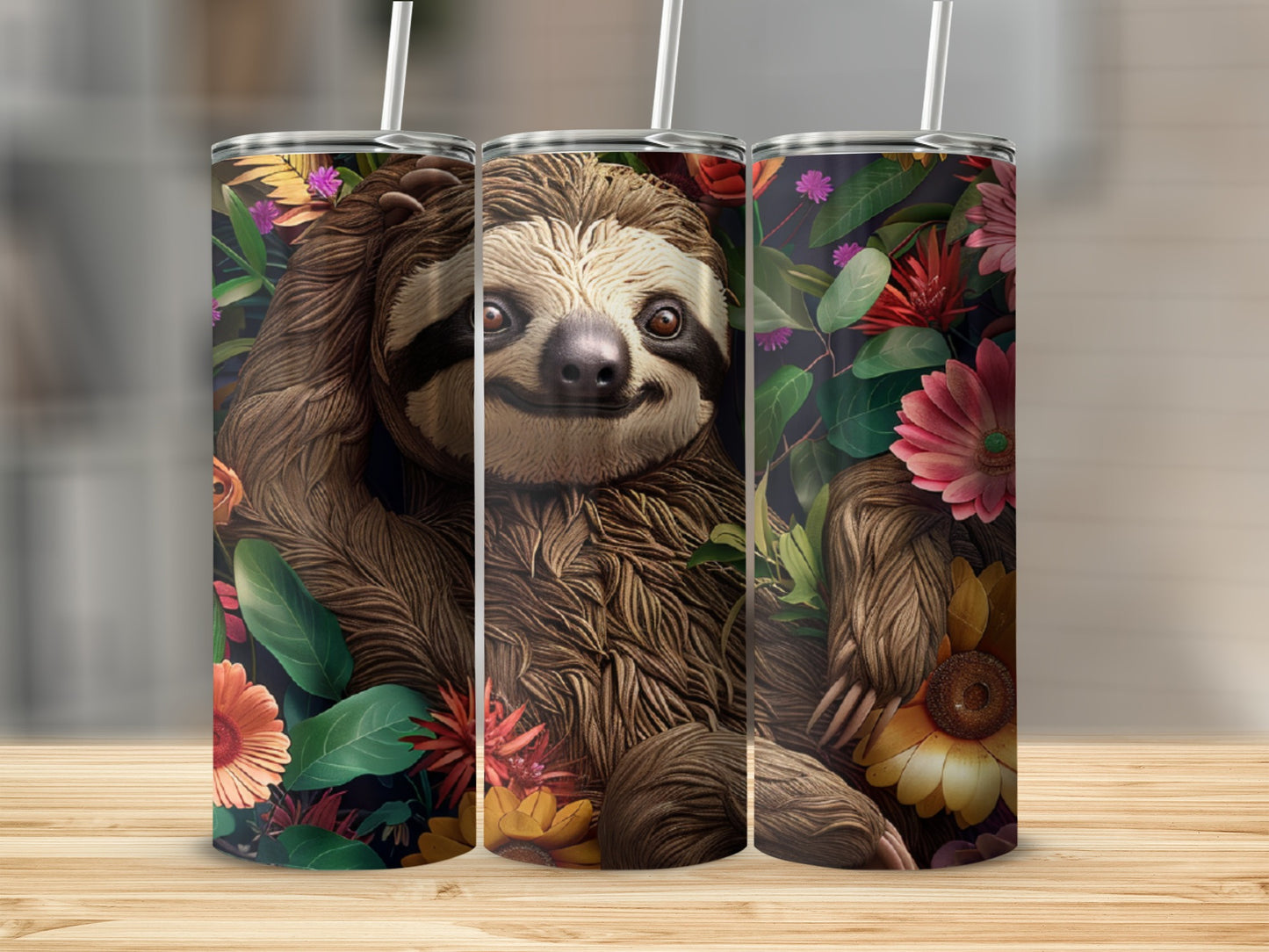 Three tumblers featuring a smiling sloth peeking through colorful tropical flowers.