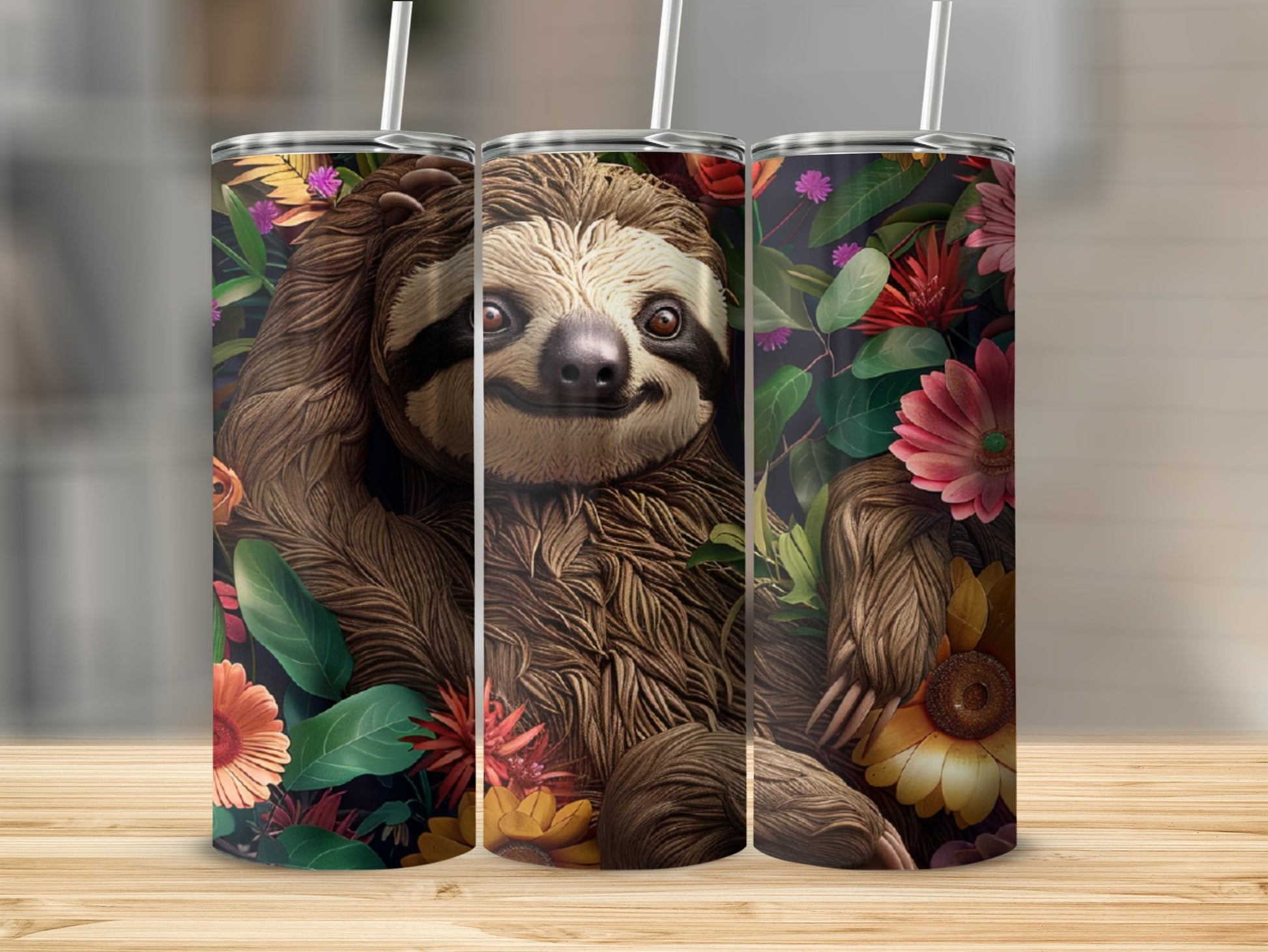 Three tumblers featuring a smiling sloth peeking through colorful tropical flowers.