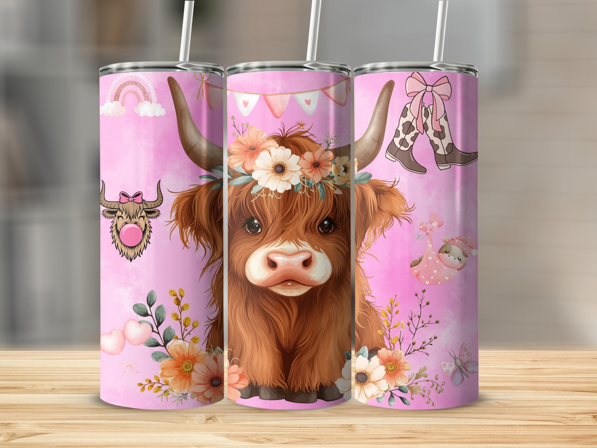 Cute Highland Cow and Flowers Design Tumbler Cup
