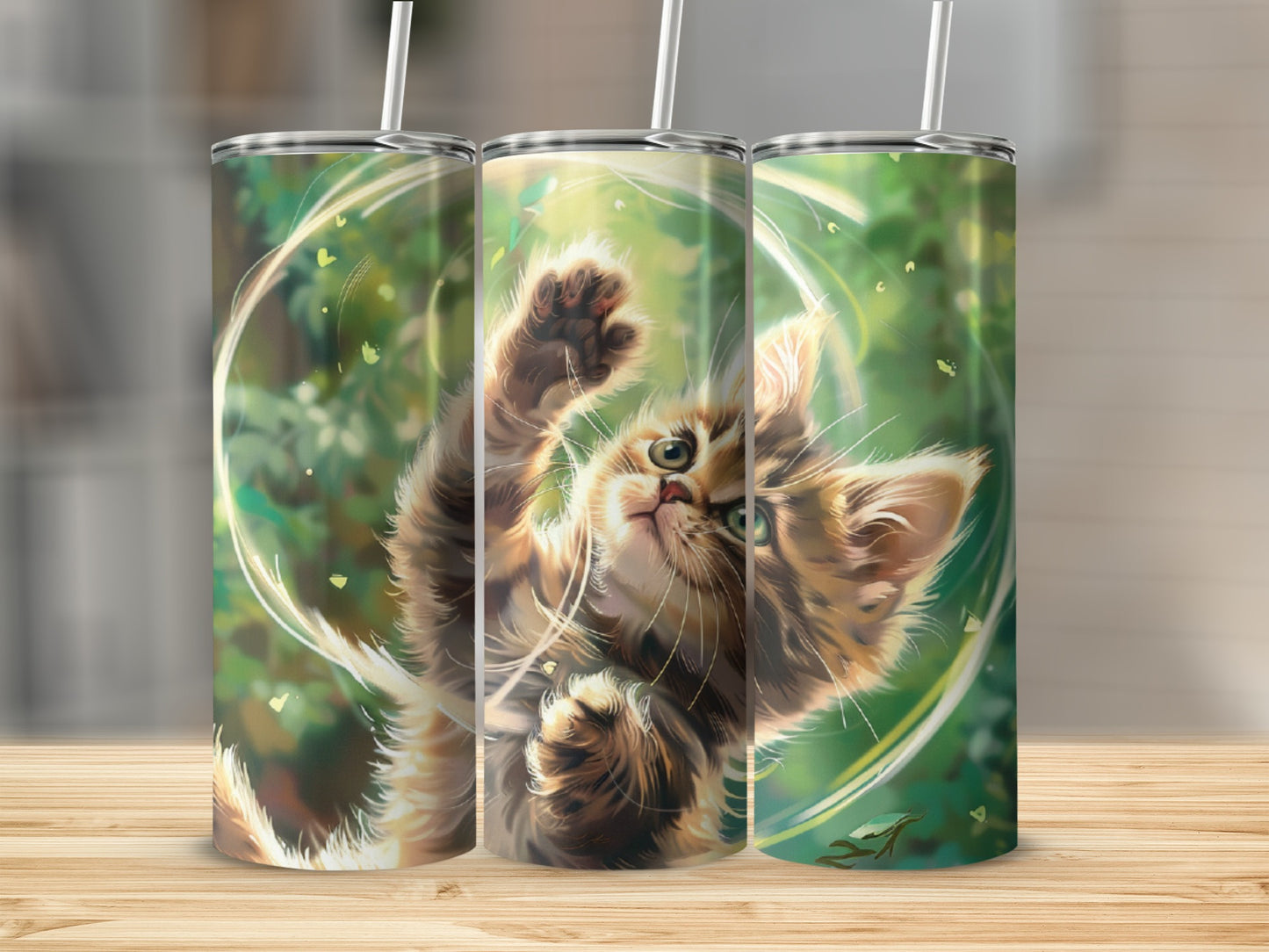 Kitten reaching up with paw through swirling green leaves and light.
