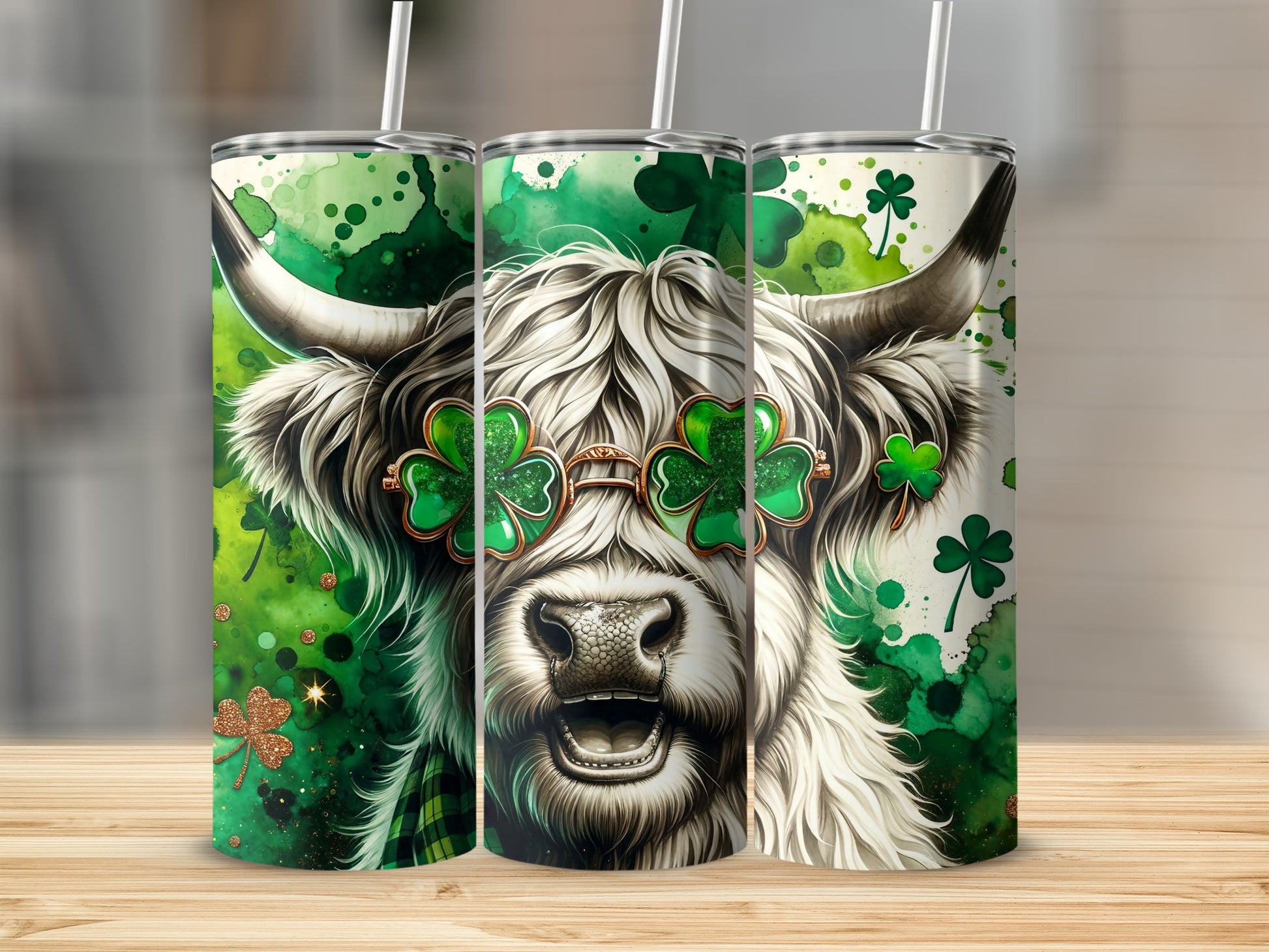 Highland cow wearing shamrock glasses with green watercolor background.
