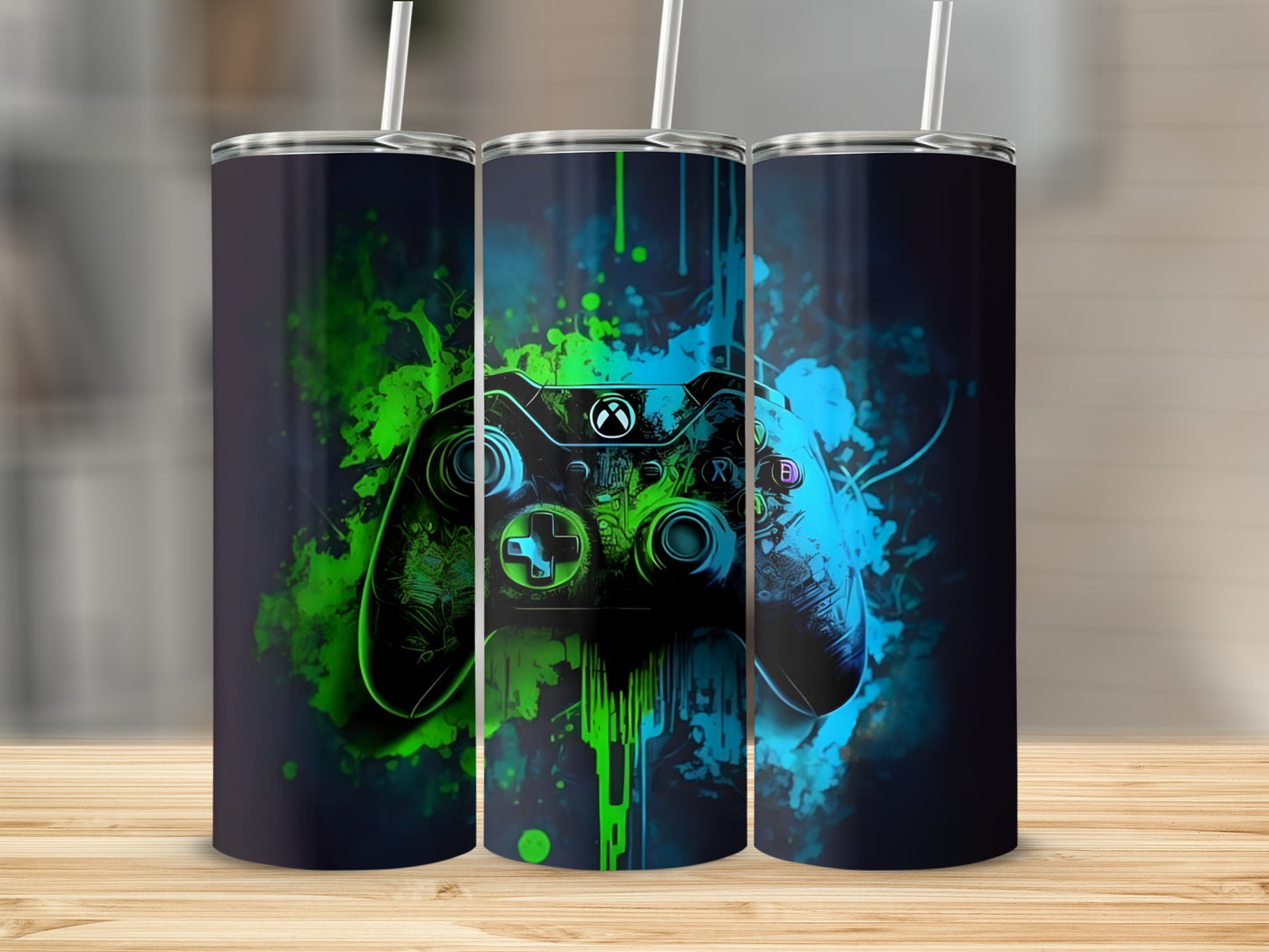 Gaming controller with neon green and blue abstract accents on a dark background.