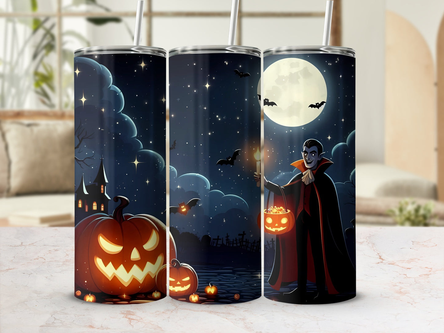 Three tumblers with Halloween scenes: Jack-o-lanterns, vampire, full moon, bats, and spooky castle.