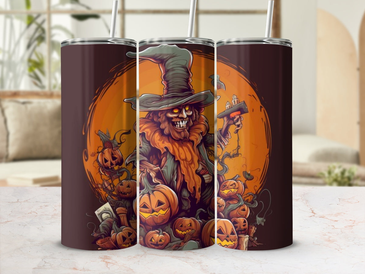 Three tumblers with a Halloween design of a witch and pumpkins.