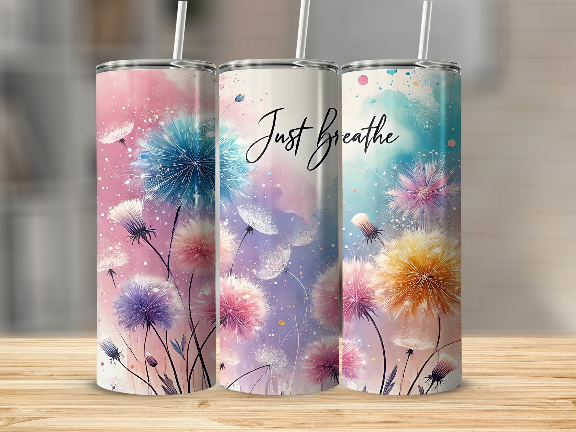 Three tumblers with dandelions and "Just Breathe" text.