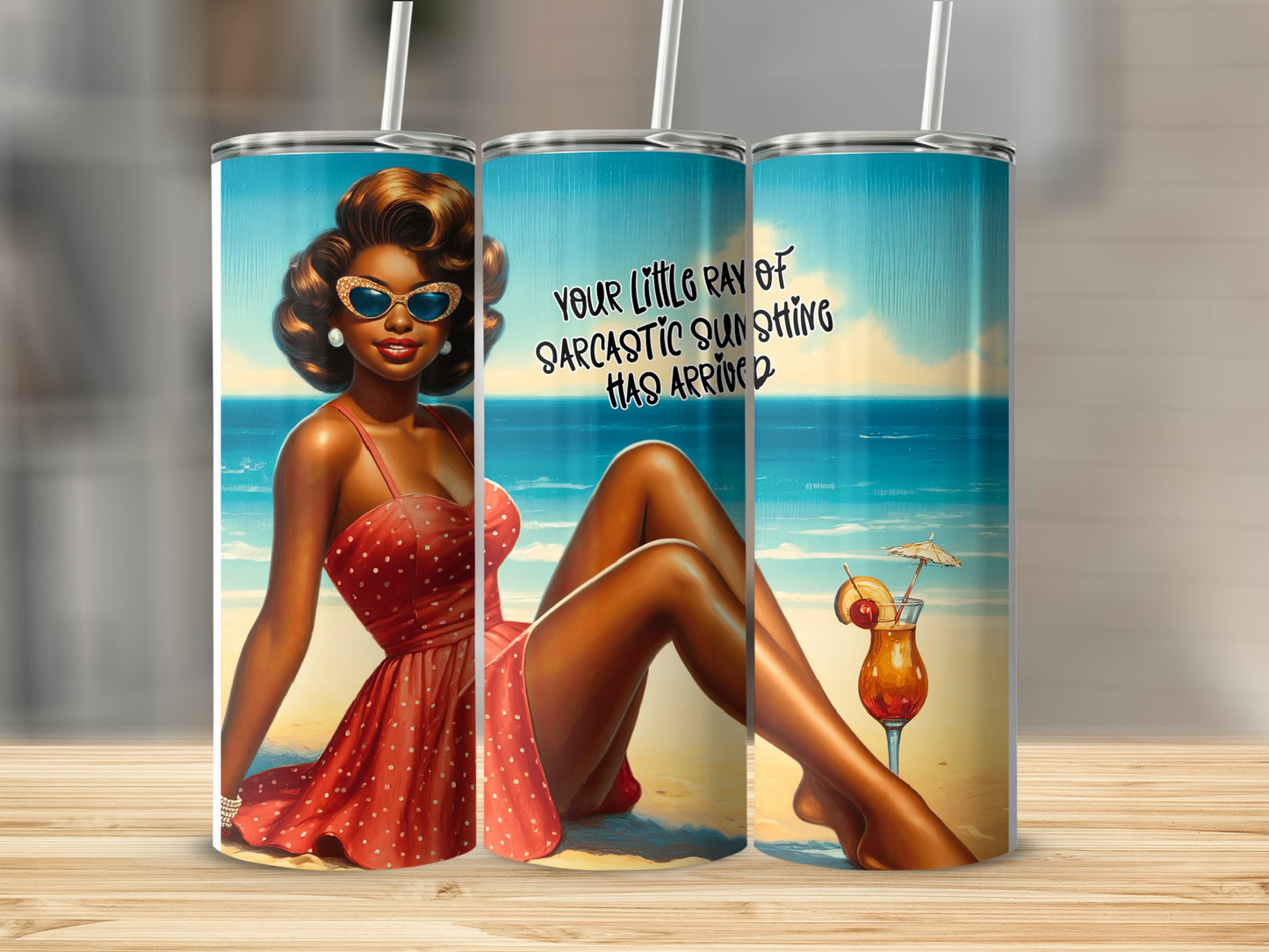 Retro woman in red polka dot dress on beach with cocktail and sarcastic text.