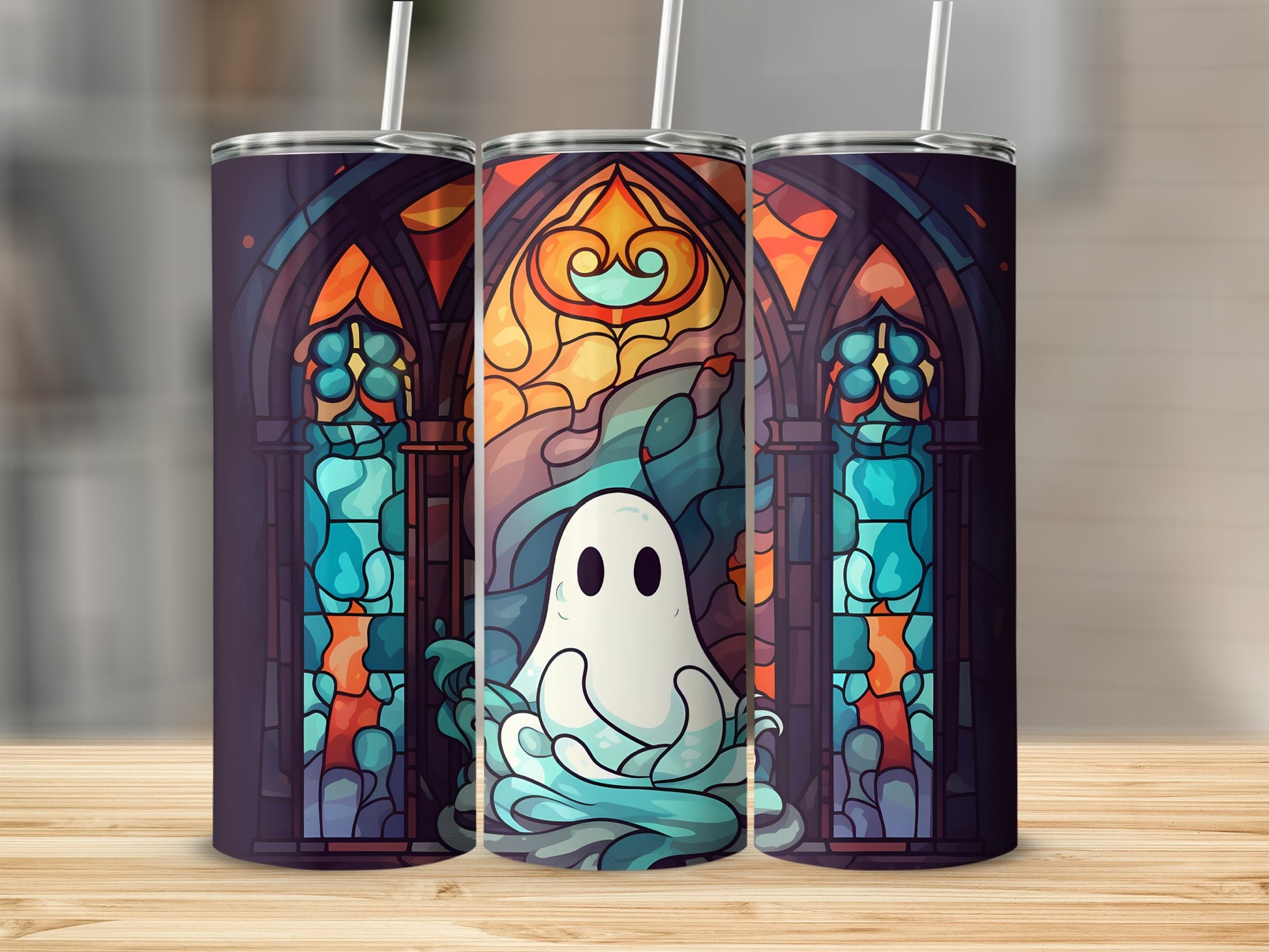 Ghost on stained glass tumbler design with castle windows.