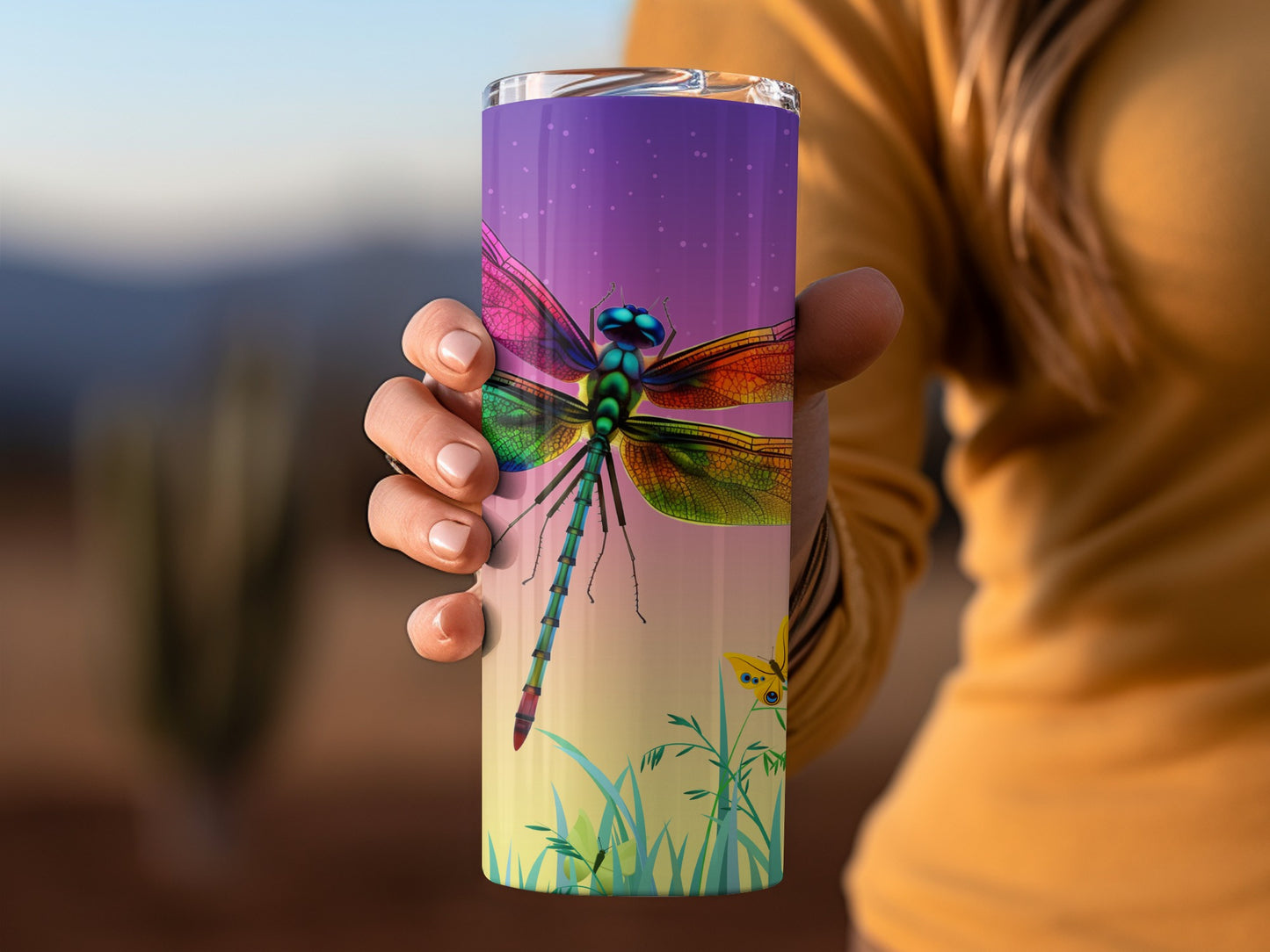 Colorful Dragonfly Design on a Gradient Tumbler