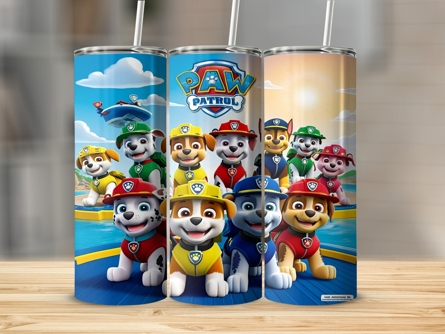 Paw Patrol characters Chase, Marshall, and Skye on a wooden deck.