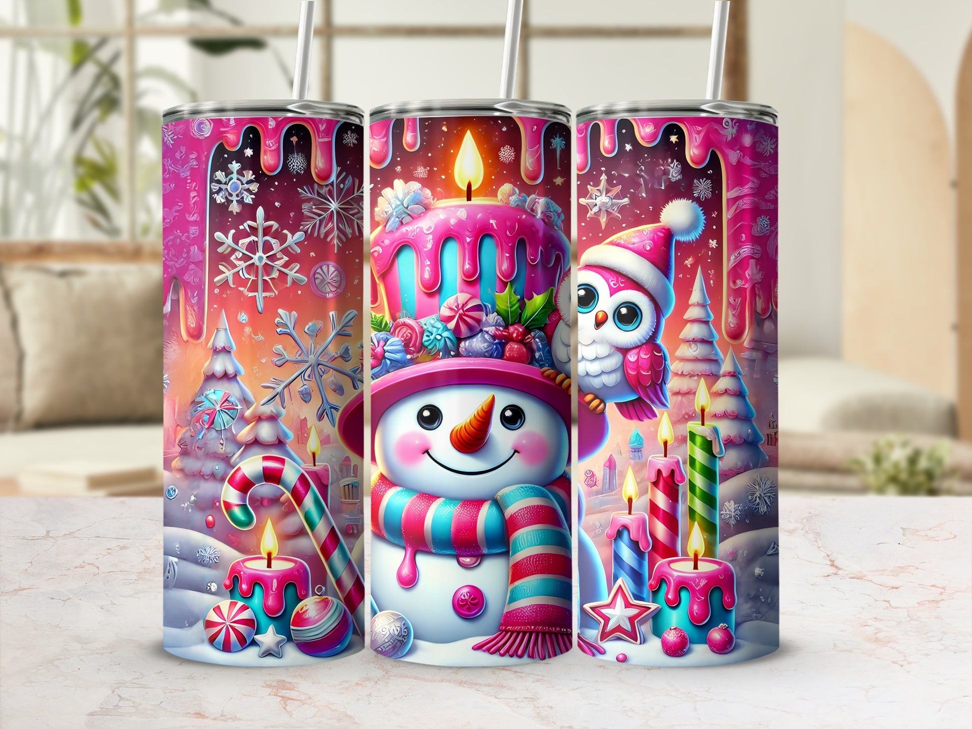 Festive Snowman Owl and Candles Winter Tumbler