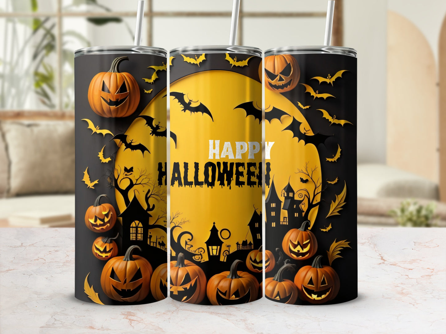 Halloween Themed Jack-O'-Lanterns and Bats Tumbler