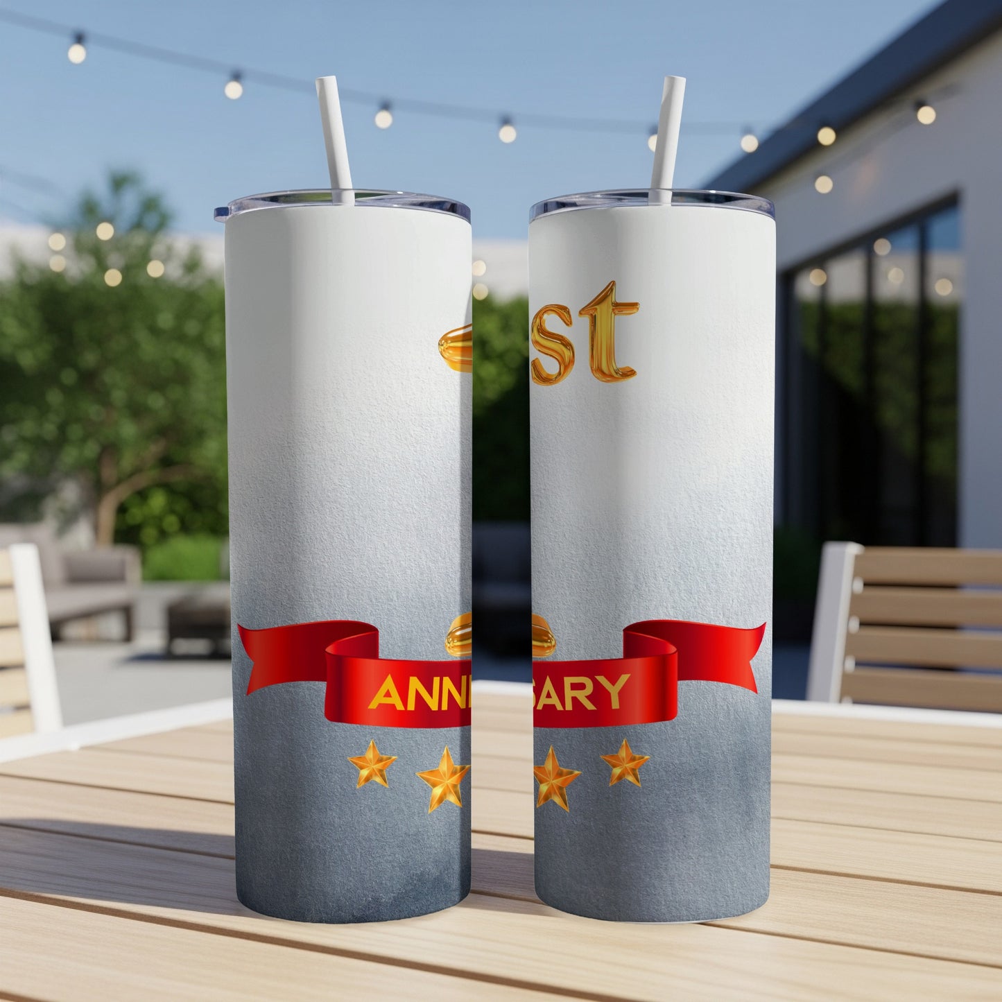 Gold "1st Anniversary" text on a skinny tumbler with red ribbon and stars.