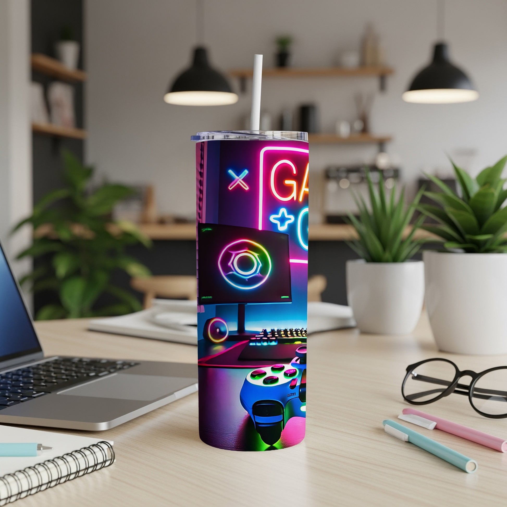Gaming-themed tumbler with colorful neon accents and controller graphic.