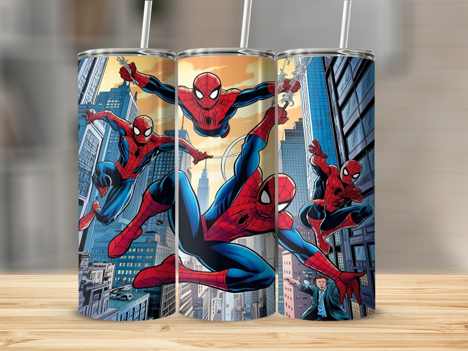Spider-Man in comic book style swings through city buildings, silhouetted by a sunset.