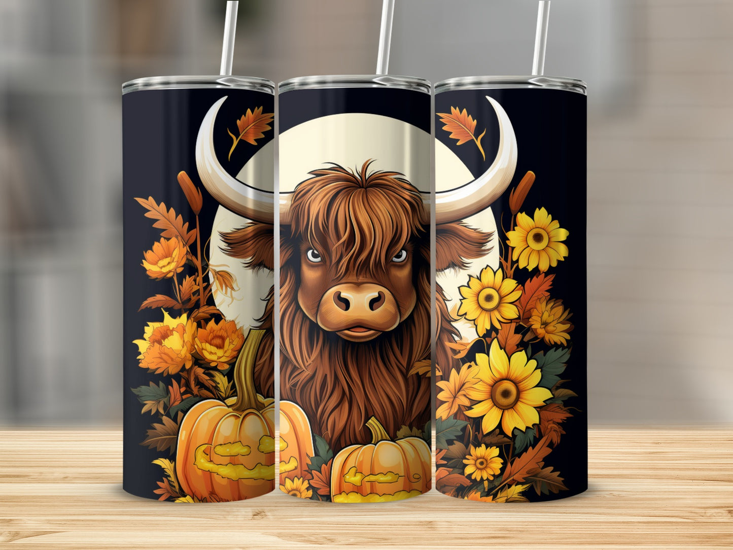 Highland Cow Sunflower Pumpkin Floral Tumbler Cup