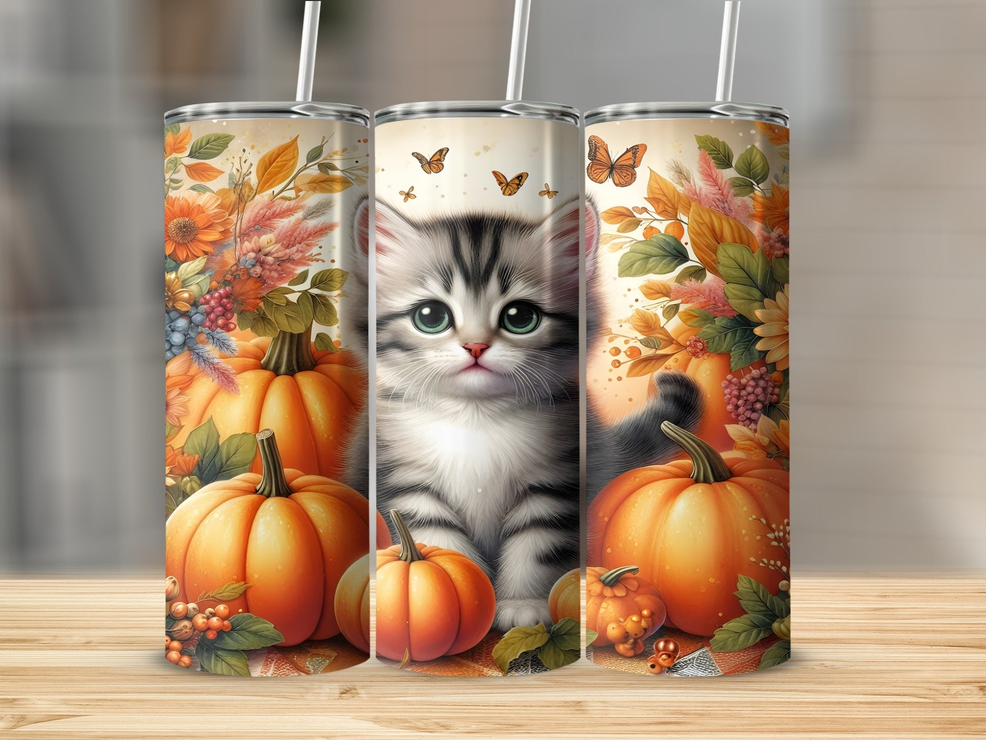 Gray kitten with pumpkins and fall foliage on a tumbler.