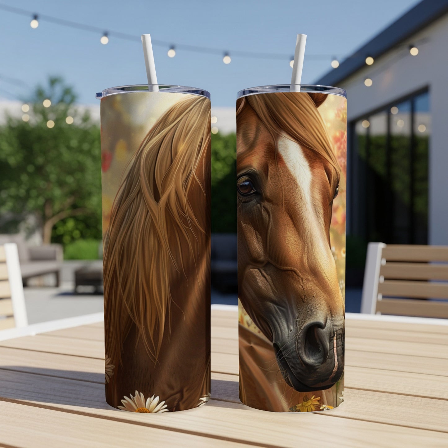 Two tumblers with horse faces, sitting on a wooden table outdoors.