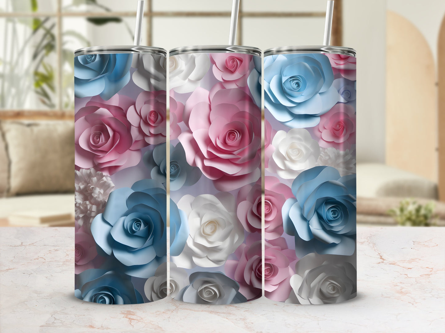 Three tumblers with a pastel floral pattern.