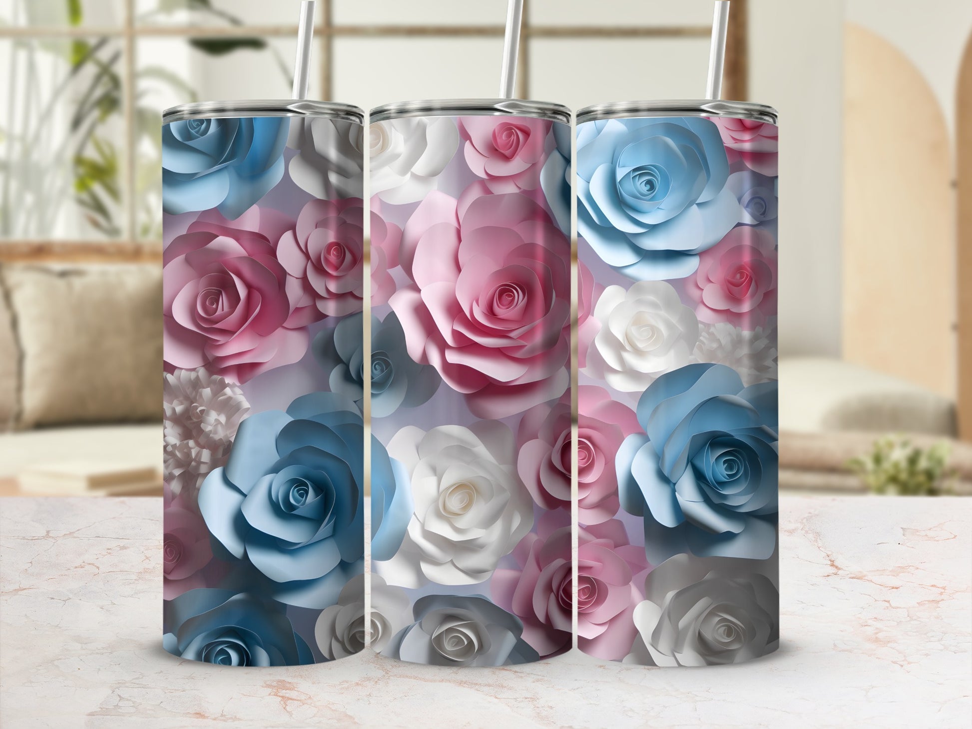 Three tumblers with a pastel floral pattern.