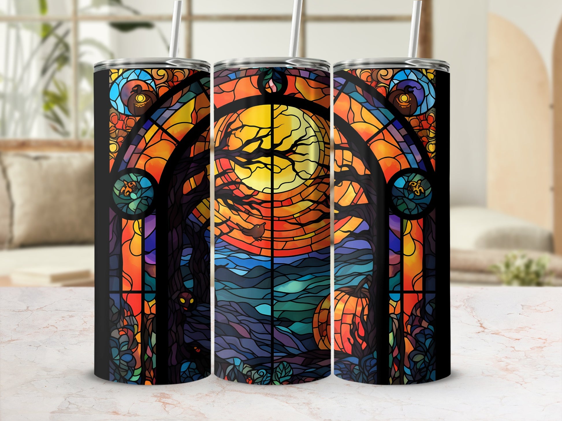 Stained glass tumbler with Halloween moon, trees, and pumpkin design.
