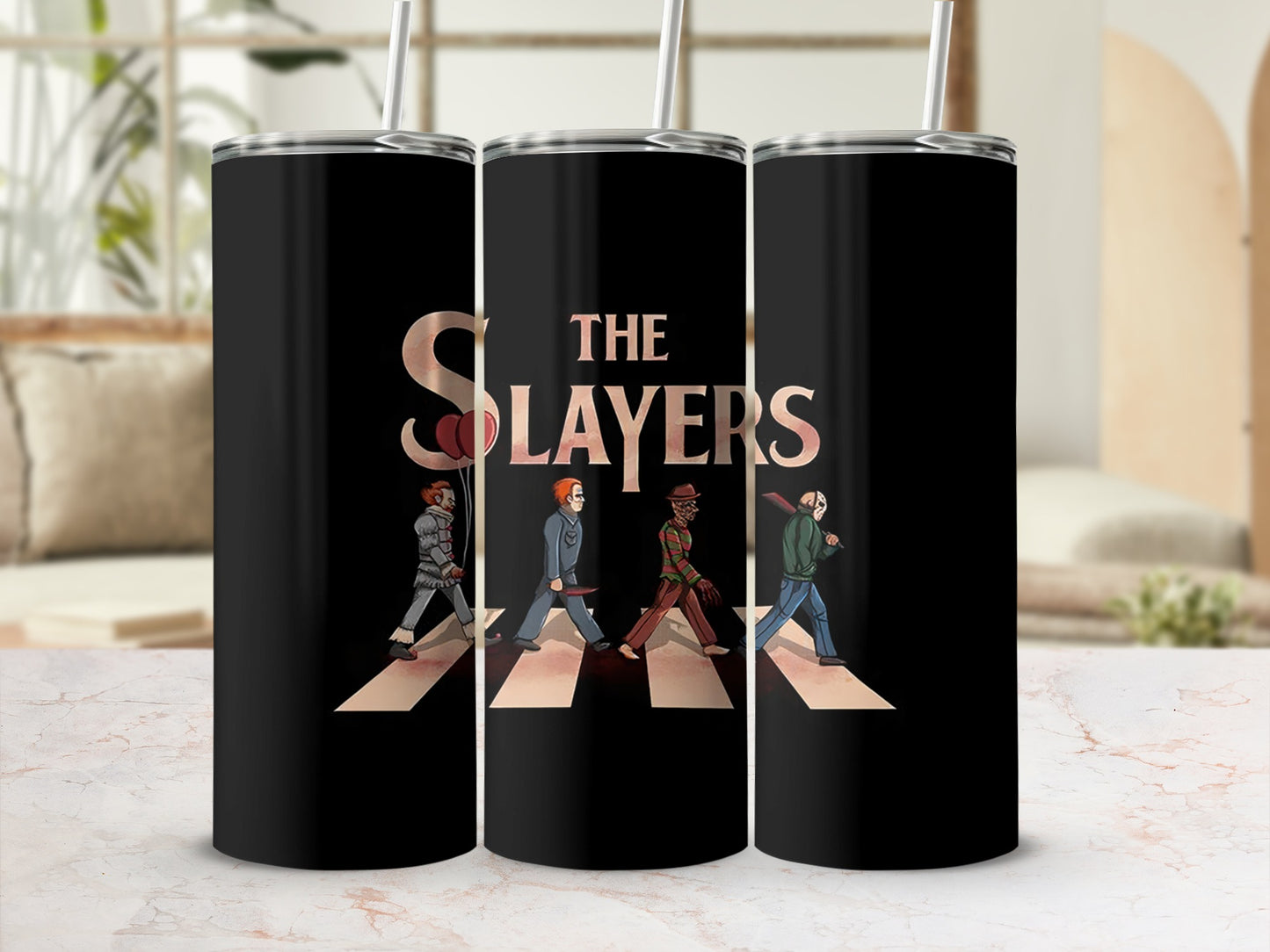 Triptych of tumblers featuring horror movie villains walking across Abbey Road.