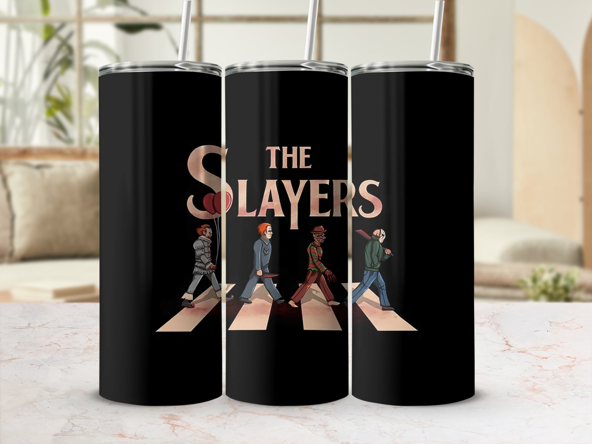 Triptych of tumblers featuring horror movie villains walking across Abbey Road.