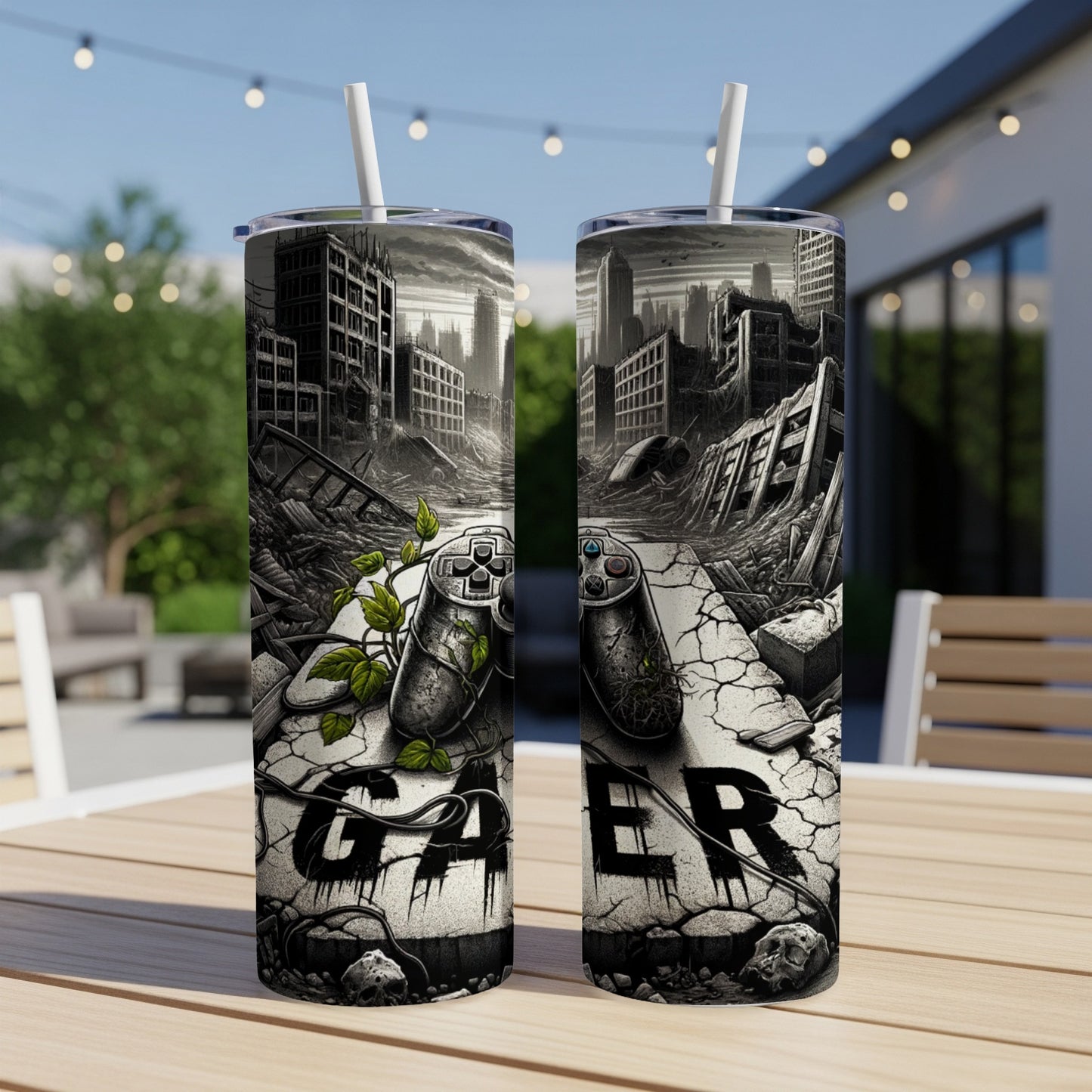 Two tumblers with a post-apocalyptic cityscape and controller design.