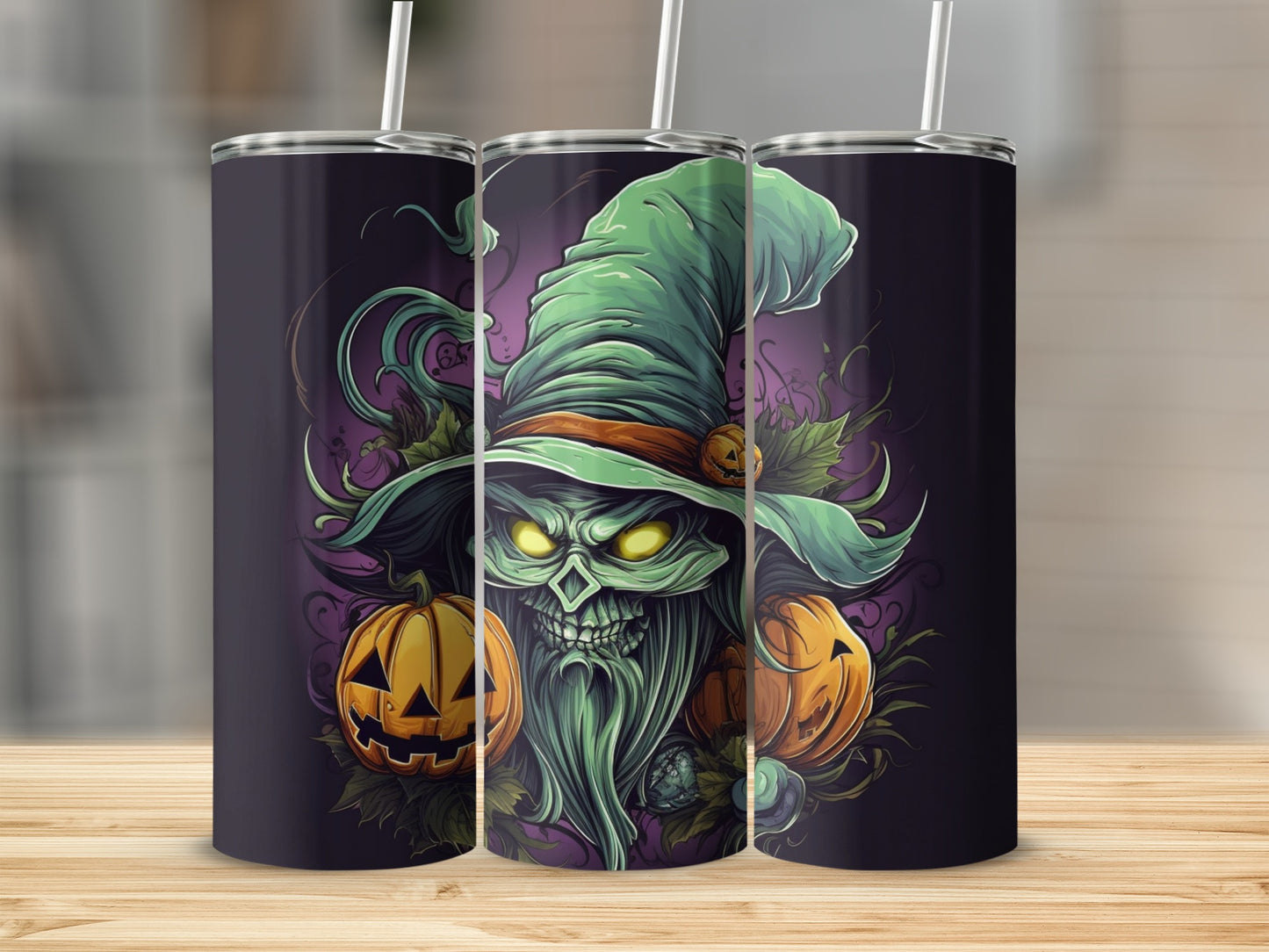 Tumbler with a green wizard, pumpkins, and spooky Halloween design.