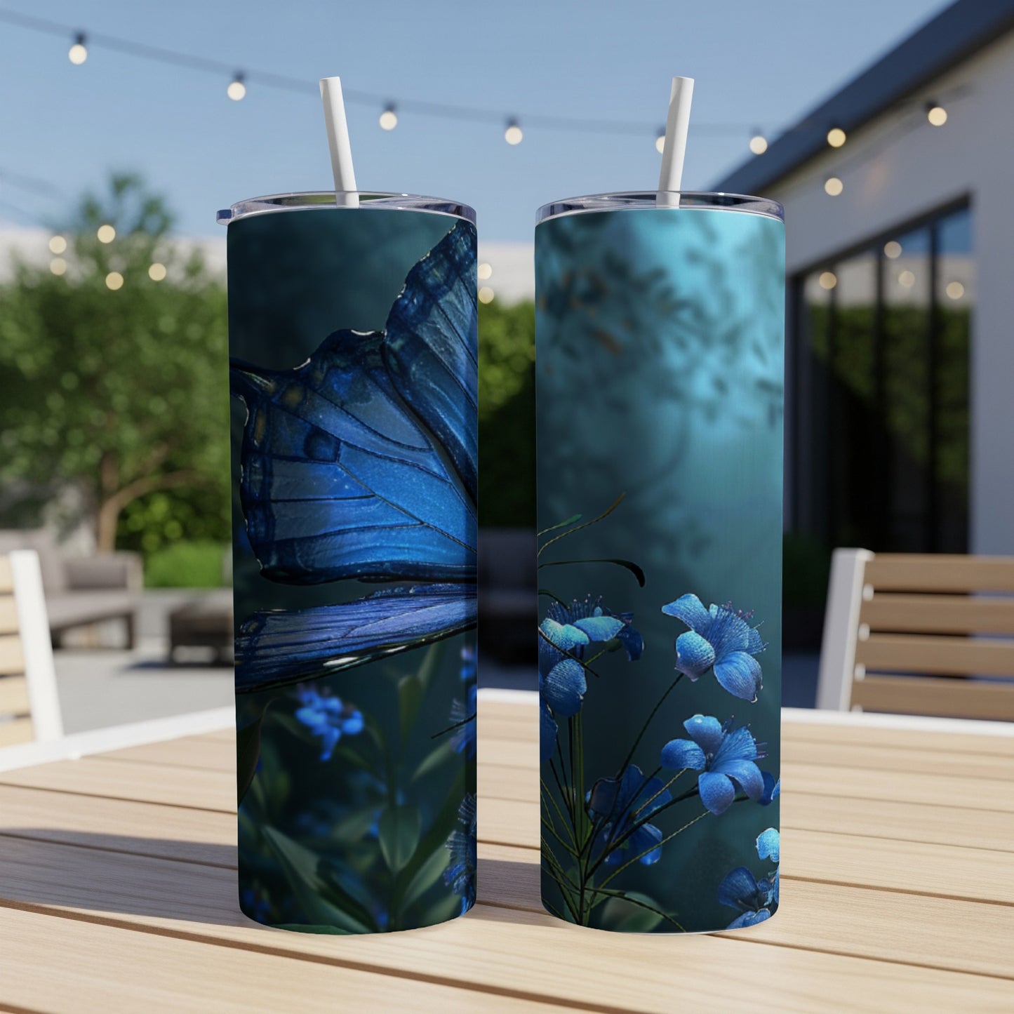 Blue butterfly with delicate blue flowers on a tumbler.