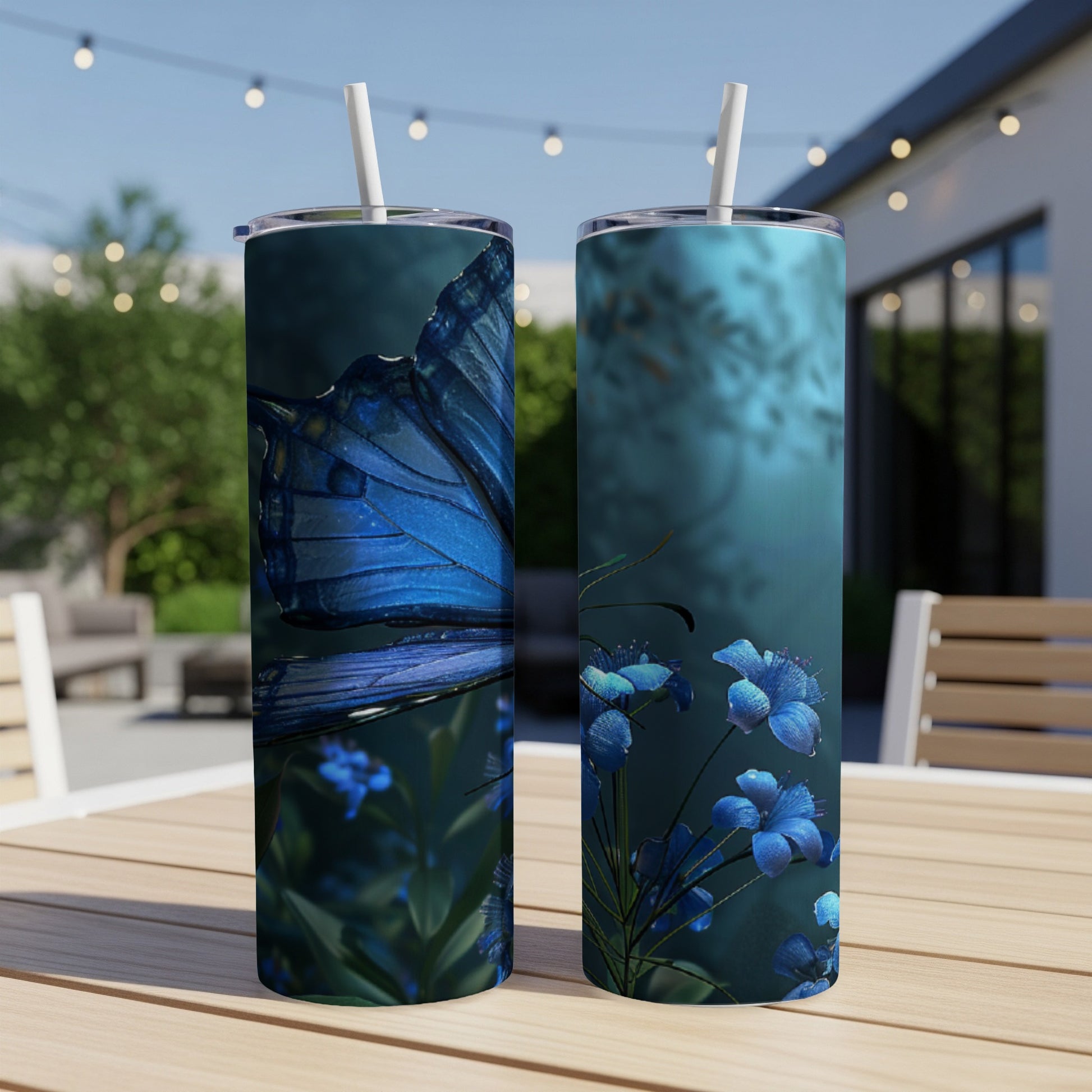 Blue butterfly with delicate blue flowers on a tumbler.