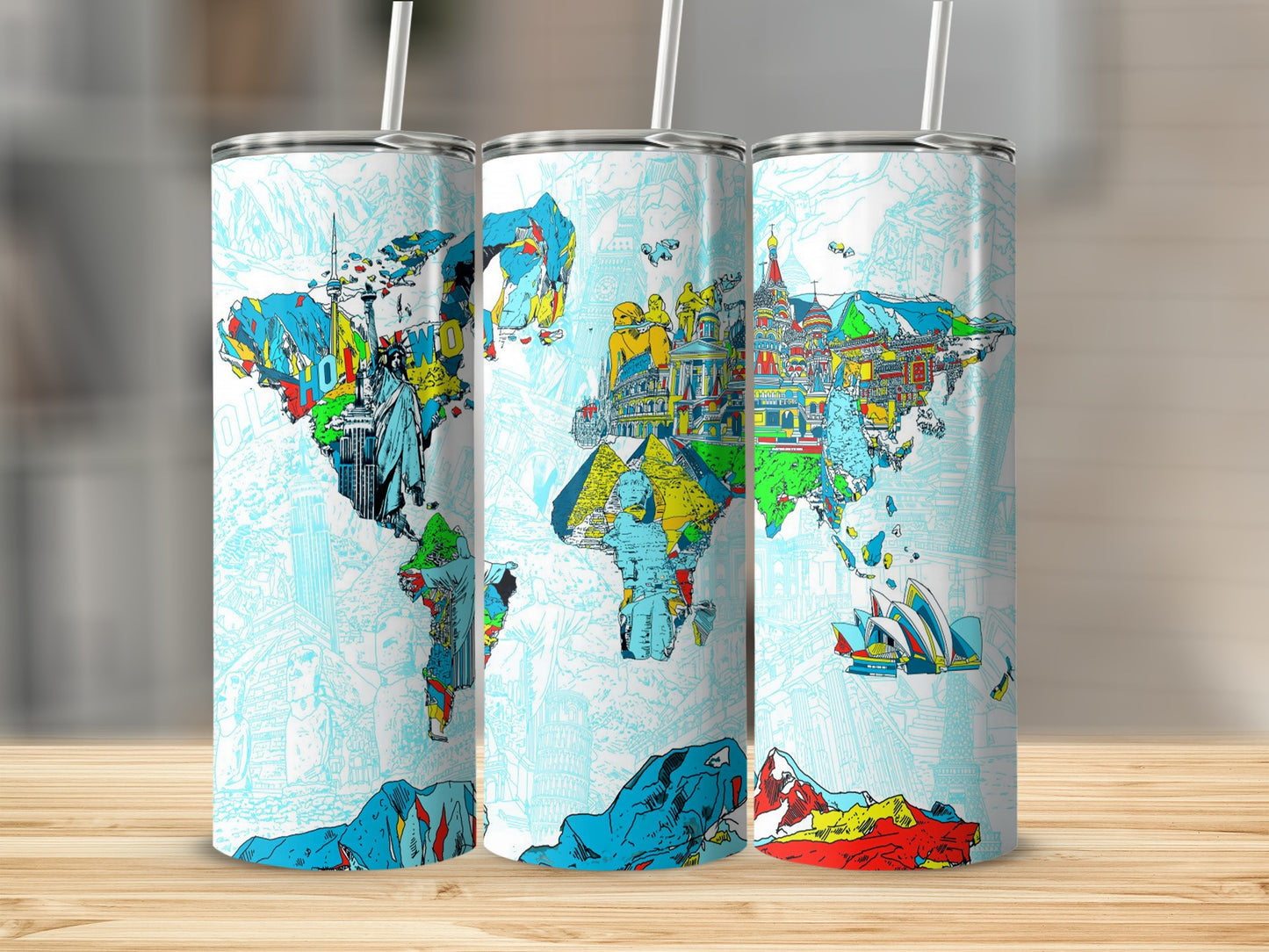 Three travel tumblers with a colorful world map and iconic landmarks design.