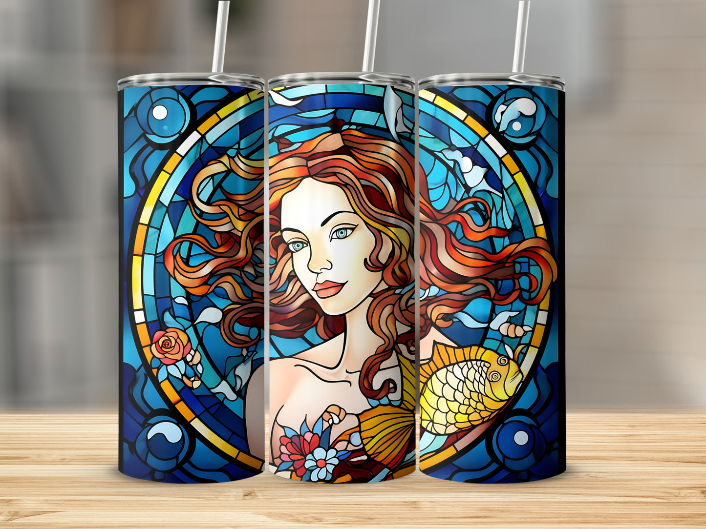 Three tumblers with stained glass mermaid and fish design.