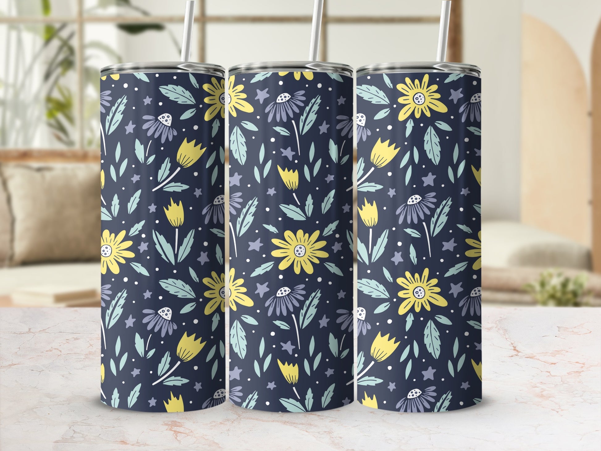 Floral Pattern Stainless Steel Tumbler Drinkware